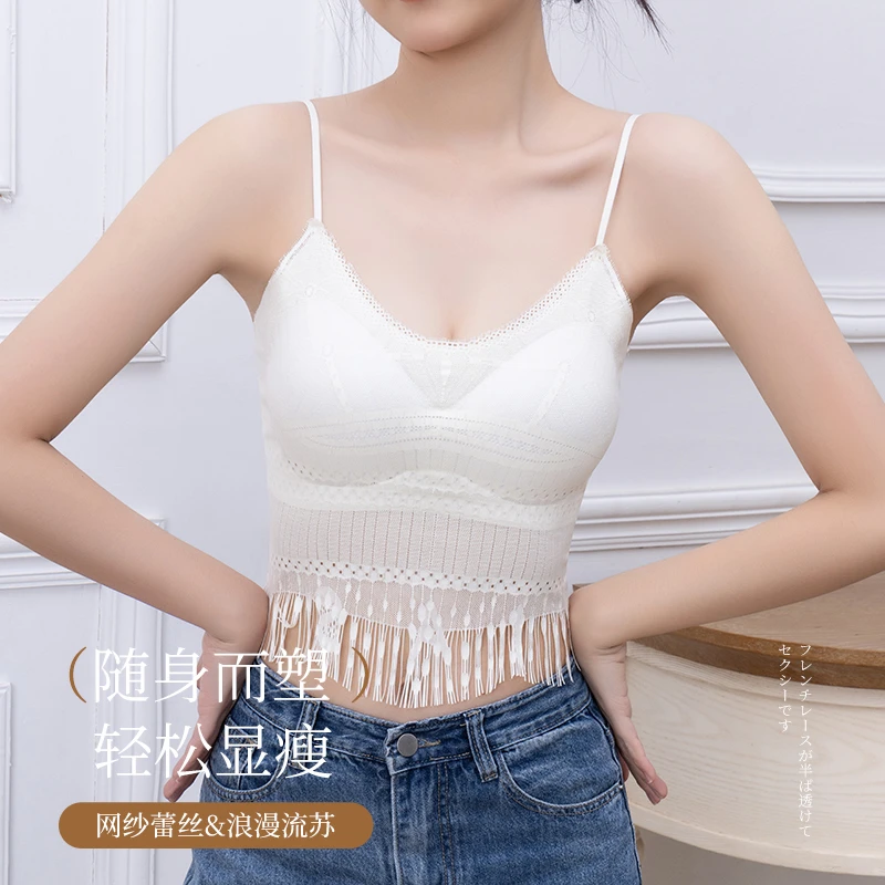 无痕蕾丝性感流苏美背内衣带胸垫一体式大码修身吊带背心68003