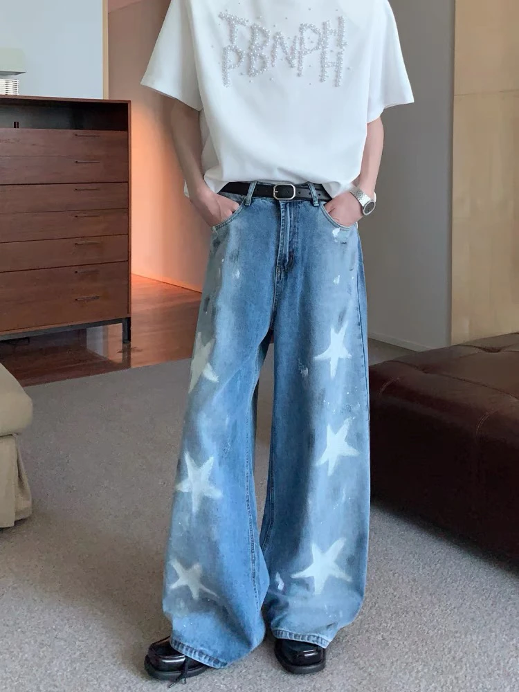 【黄子弘凡同款】2025新款水洗做旧油漆涂鸦五角星直筒宽松牛仔裤男