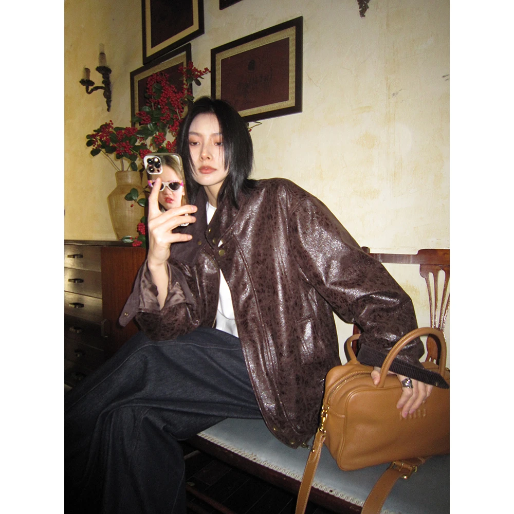 JCCC影子【纽约留学生】咖色做旧裂纹肌理感皮夹克外套JE4JPW10