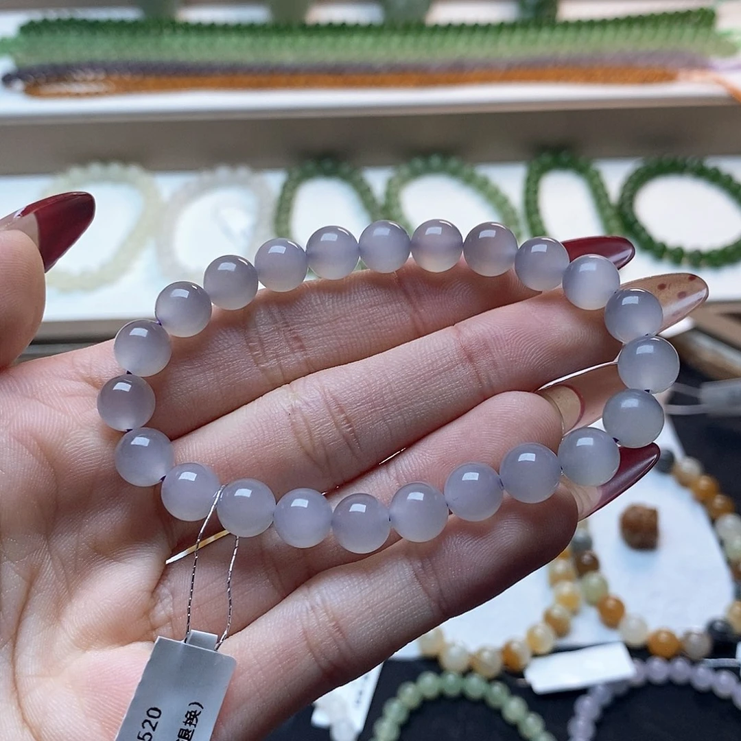 和田玉手链未镶嵌玻璃体烟紫一线猫卡八