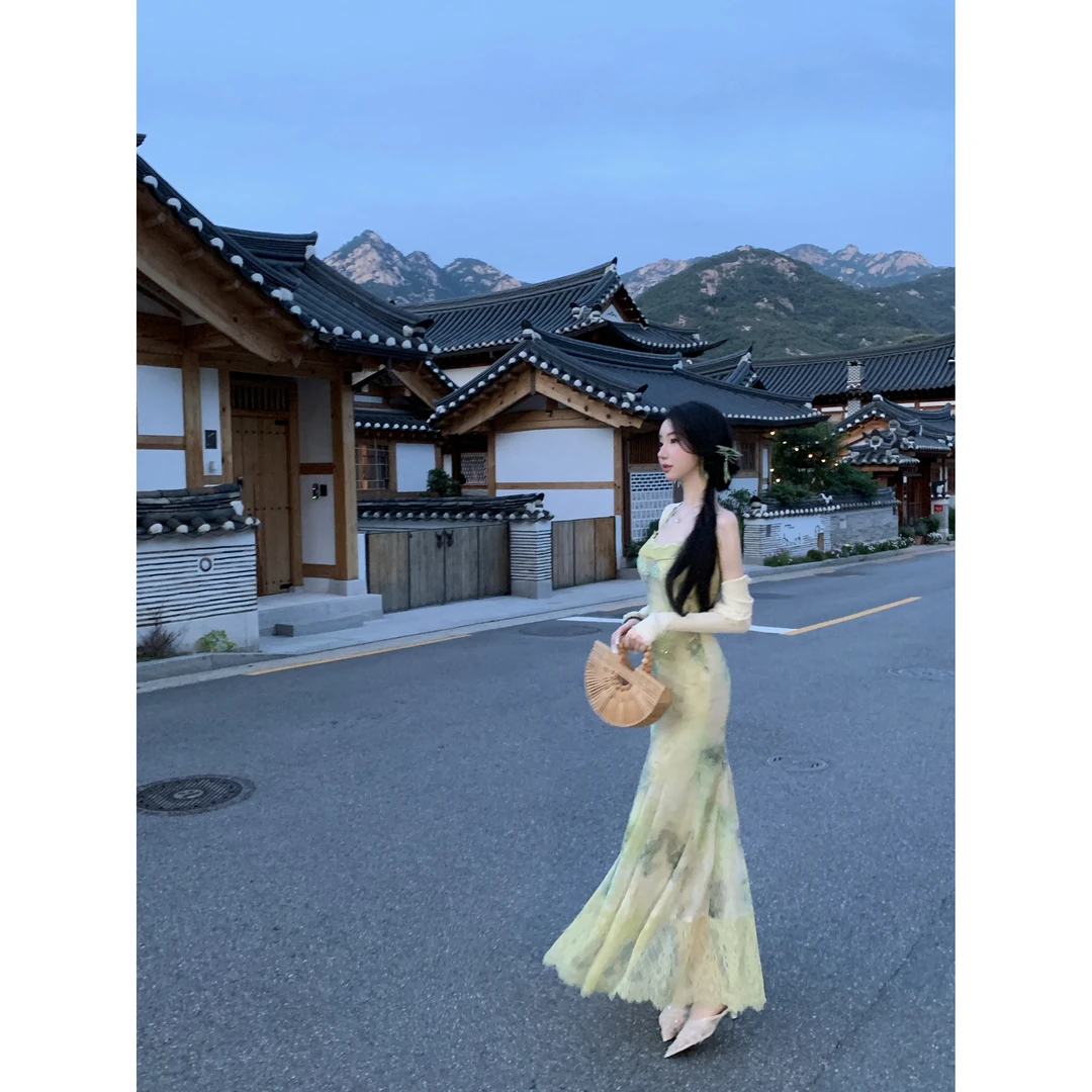 【雅乔定制】烟波动 重工蕾丝烫钻绿色晕染吊带连衣裙DYYK-25042323