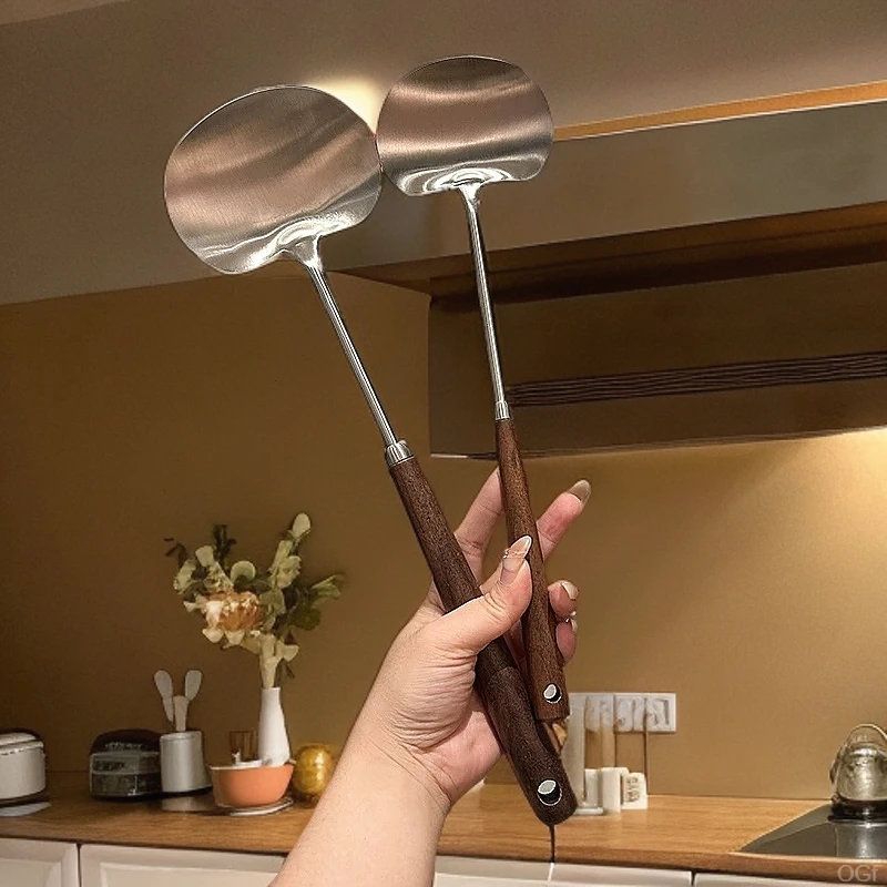 304不锈钢胡桃木铲炒铲铲煎-家用厨房煎肉炒菜老式迷你铲子厨具