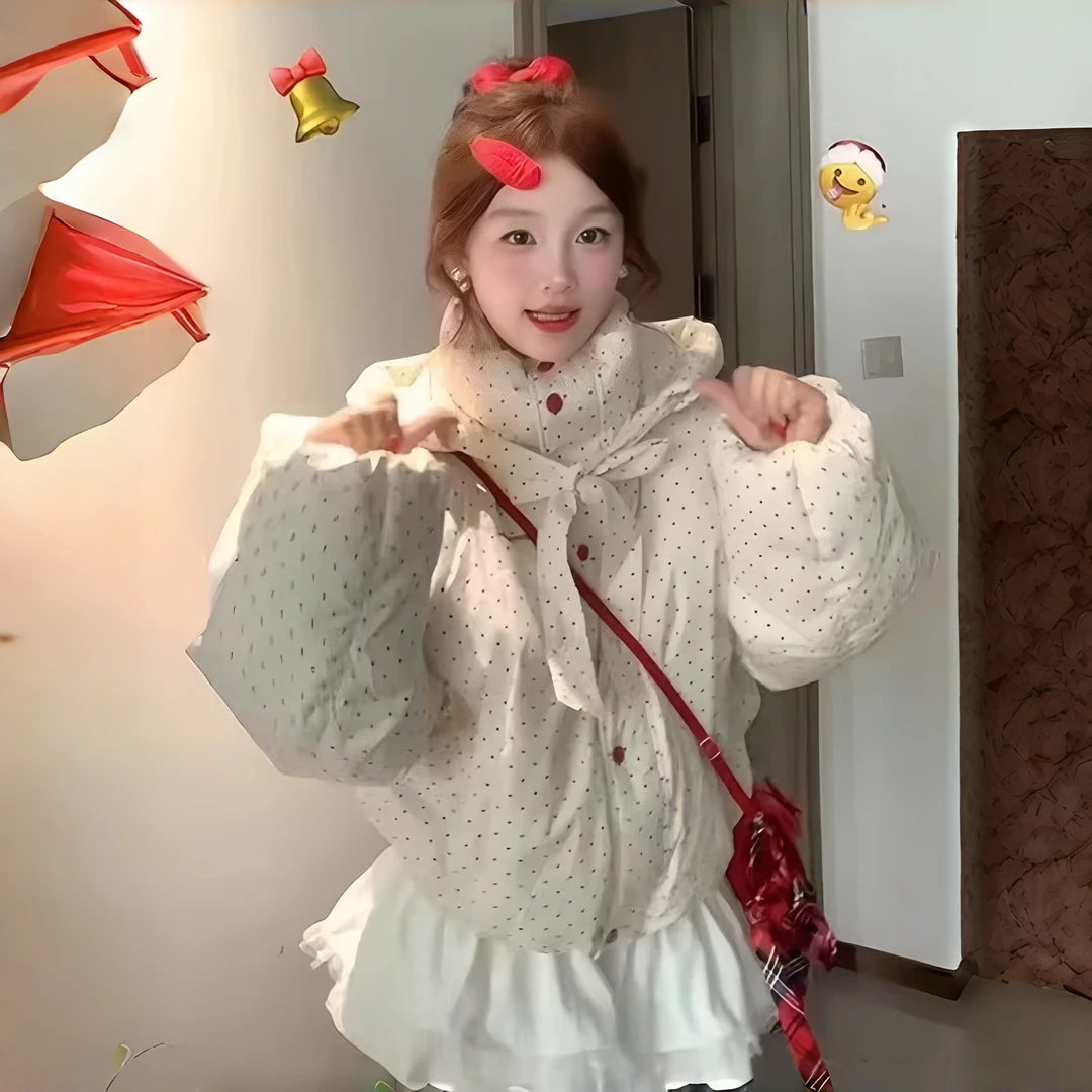 【如如】甜美波点小个子棉服女冬季新款蝴蝶结夹棉加厚短款面包服