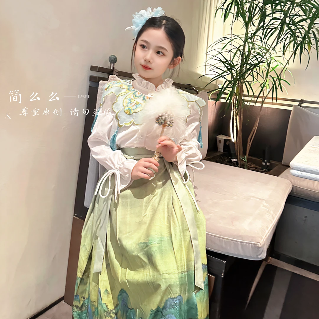 F036【荷塘月色】儿童中式春季女童碎花中国风气质套装马面裙