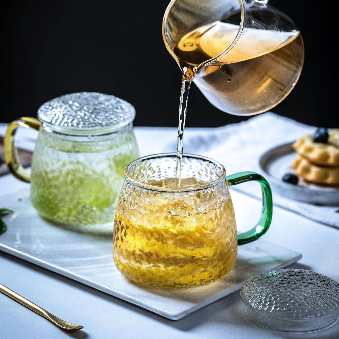 简约家用透明锤纹玻璃杯带把盖子风茶水分离杯子耐高温泡茶水杯