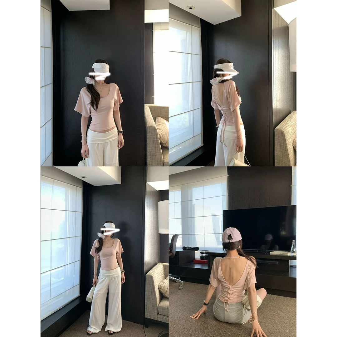 纯色U领设计感时尚百搭休闲显瘦修身露背短袖T恤抽绳上衣女夏季