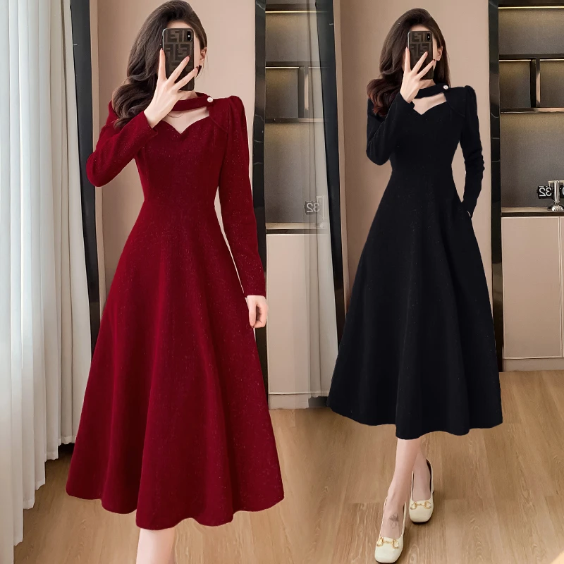 有口袋遮肉女装雪尼尔连衣裙秋冬新款胖MM遮肚显瘦高级感冬季裙子