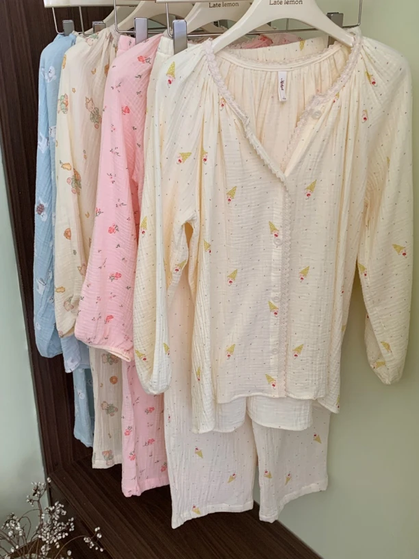 LL家『孤品合集』花边纯棉棉纱睡衣女秋冬甜美少女长袖长裤家居服