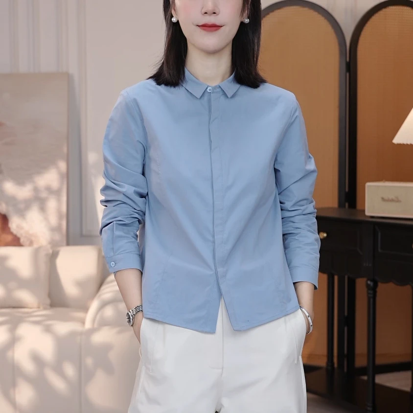 蓝色气质翻领长袖衬衫女2025年秋季新款时尚修身显瘦百搭开衫上衣