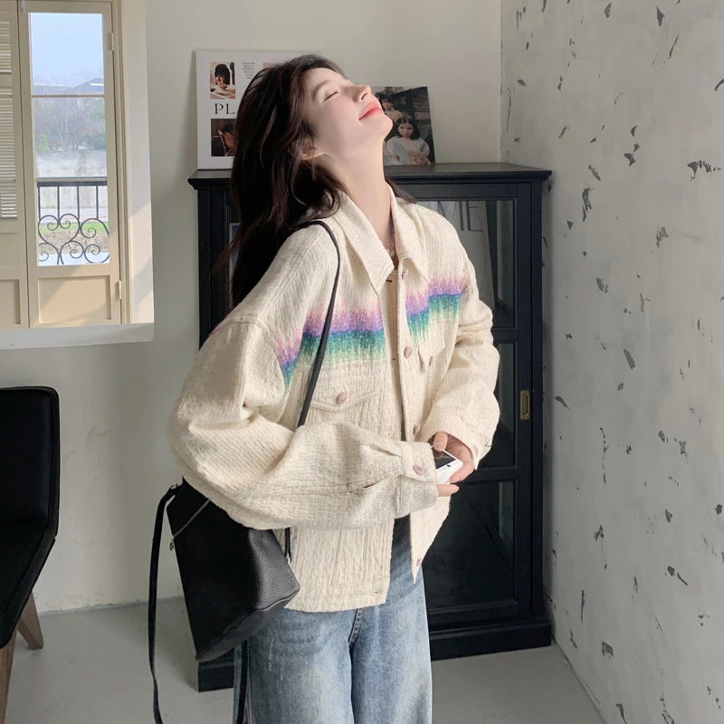 今年流行女装小个子米白色重工刺绣牛仔外套春新款超好看夹克上衣