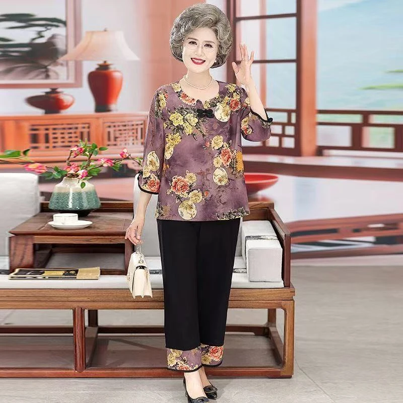 9021-中老年人气质夏装两件套夏季七分袖套装老人衣服【A7-3-1】