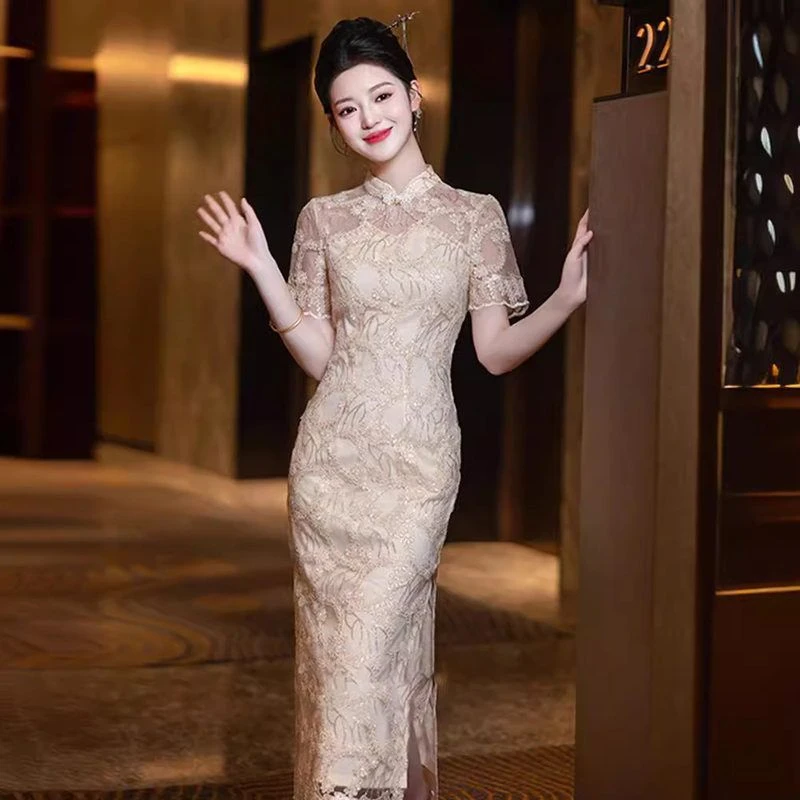 新中式气质少女新娘中国风订婚礼服香槟色蕾丝旗袍改良晨袍连衣裙