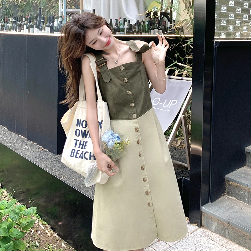 撞色拼接工装风格背带连衣裙女夏季独特设计感小众吊带裙