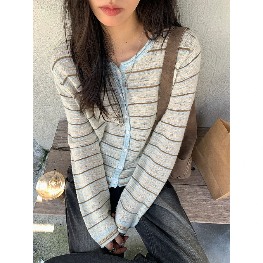 外穿修身韩系复古撞色条纹针织开衫休闲百搭单排扣长袖上衣