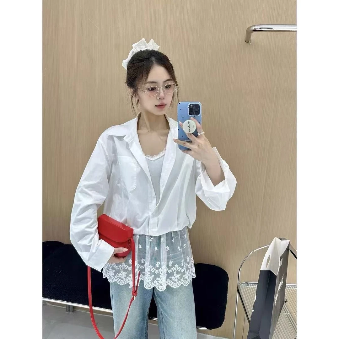 410/8009/135   韩系简约衬衫叠穿蕾丝吊带两件套