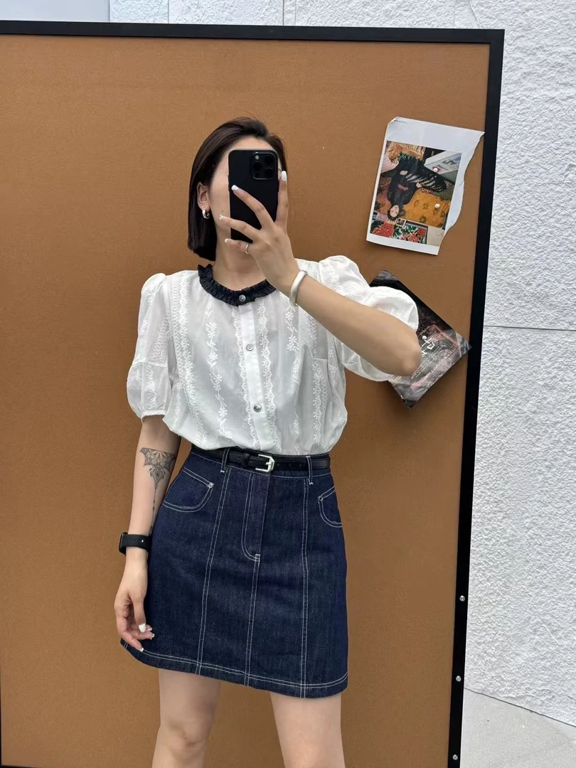 “ O M/.up 25年 高货100棉经典法式泡菜国刺绣花边衬衫