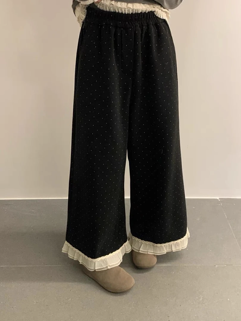 2526 韩系波点毛呢花边裤