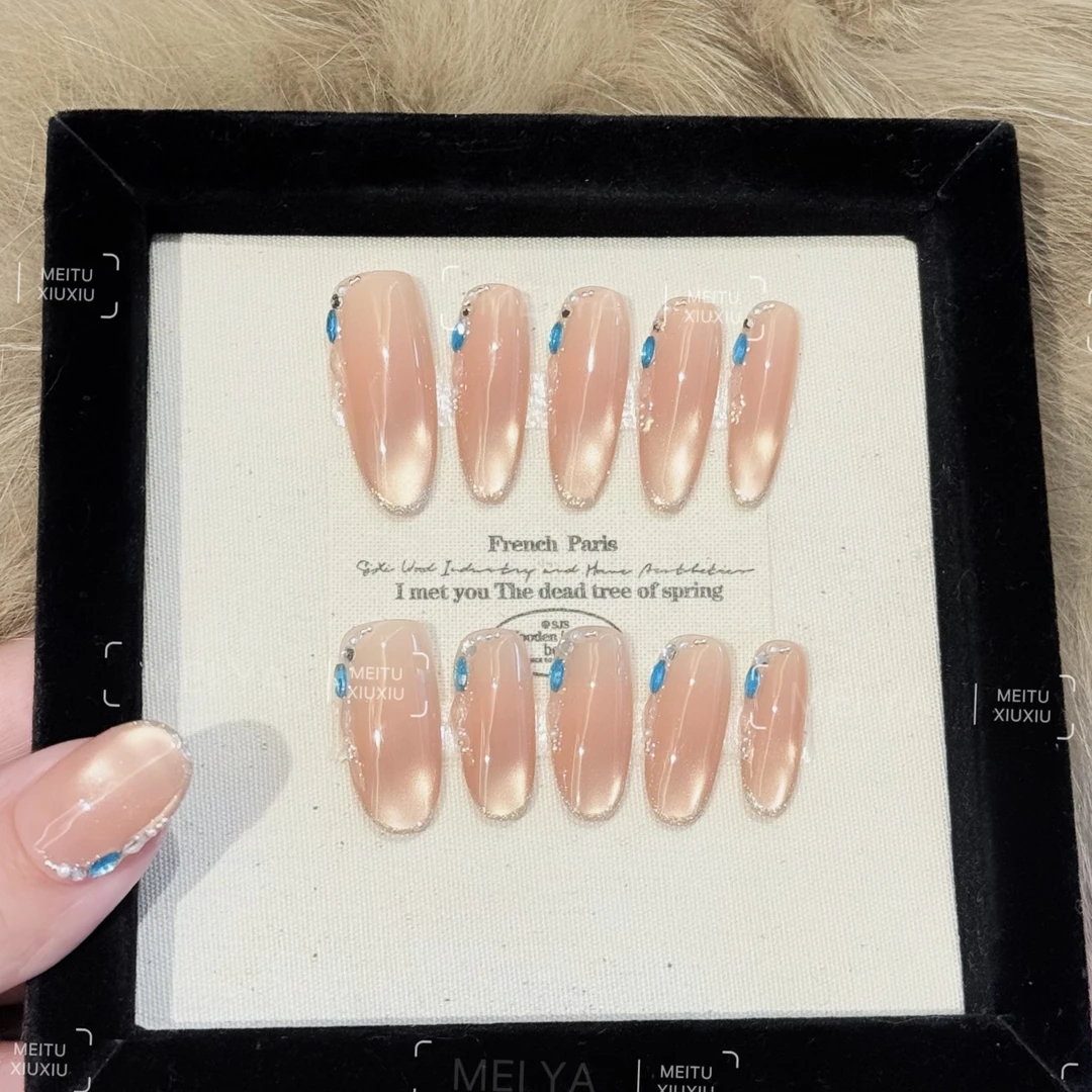 【蓝眼泪】手工甲新款小众穿戴甲锆石猫眼美甲美甲高品质穿戴甲片