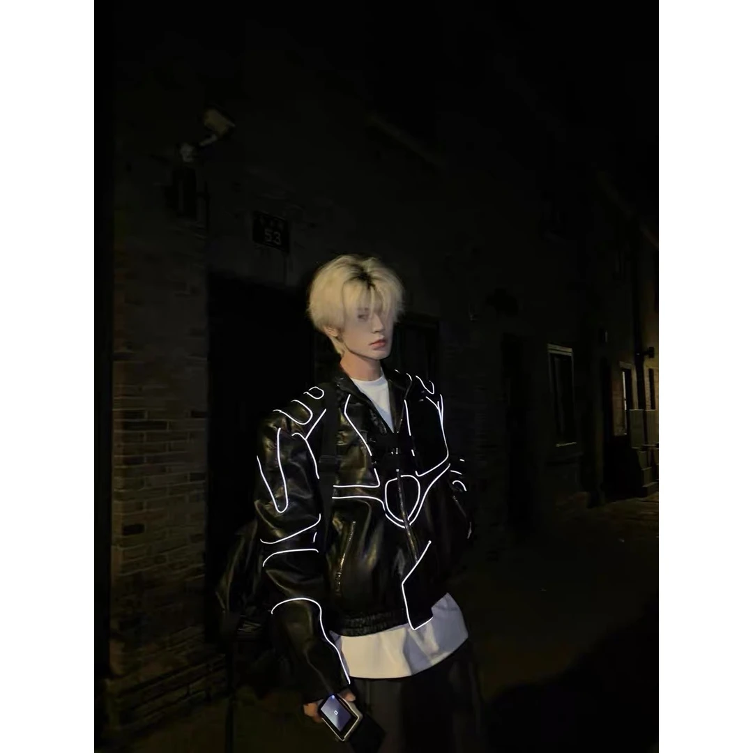 反光线条机车皮衣夹克外套男女