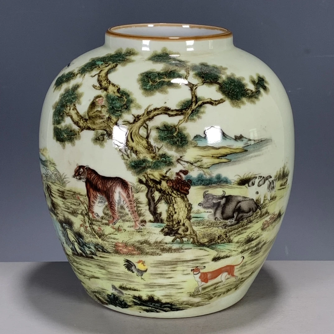 粉彩十二生肖罐豆青釉紫边坛家居实用器收藏（非古董介意勿拍）