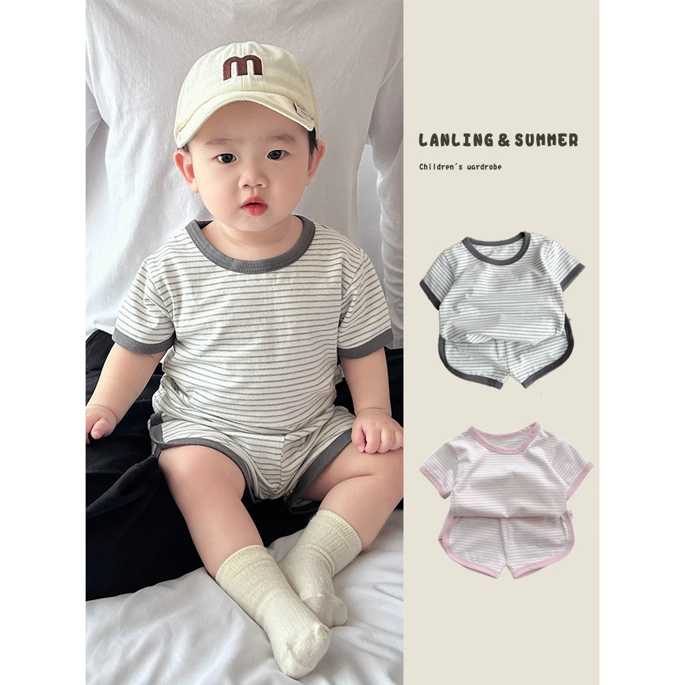 韩系ins洋气条纹圆领短袖短裤夏季休闲套装男女宝宝薄款百搭童装