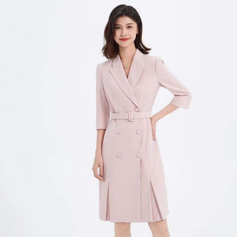 正式场合高级感粉色连衣裙女双排扣气质播音艺考主持人正装西装裙