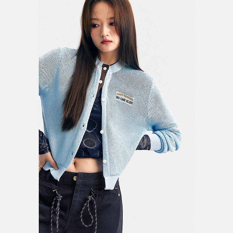 NO ONE ELSE美式复古女装夏季字母长袖毛衣开衫撞色拼接针织衫