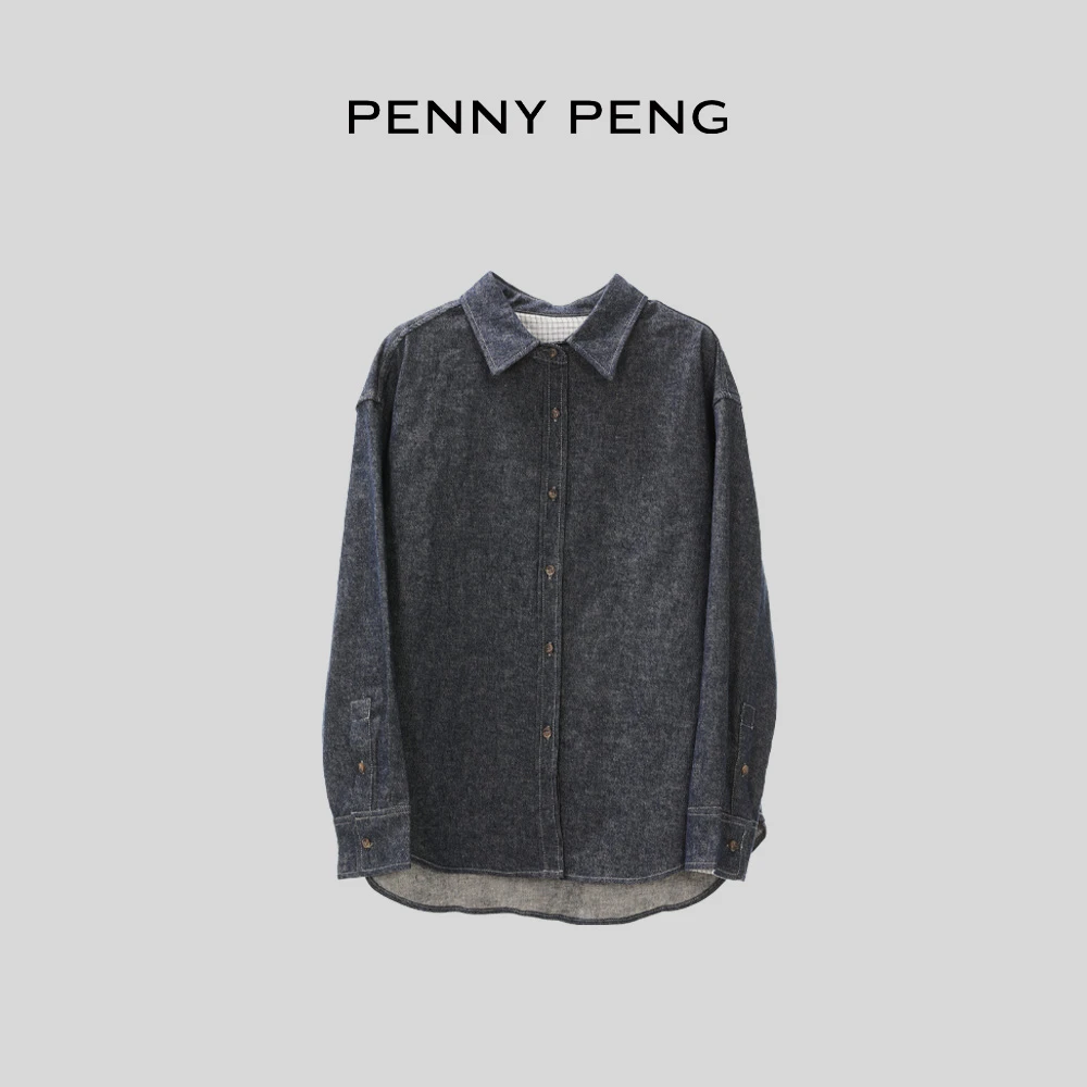PENNYPENG加浓美式春季时尚潮流拼接百搭蓝色牛仔亚麻翻领衬衫