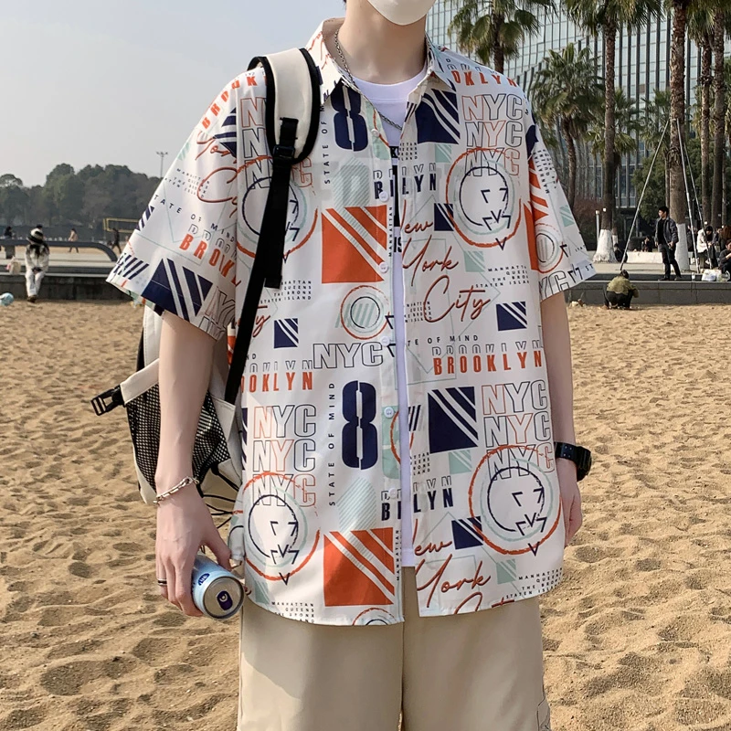 夏季宽松潮流复古短袖冰丝衬衫夏威夷男沙滩痞帅度假衬衣薄款寸衫
