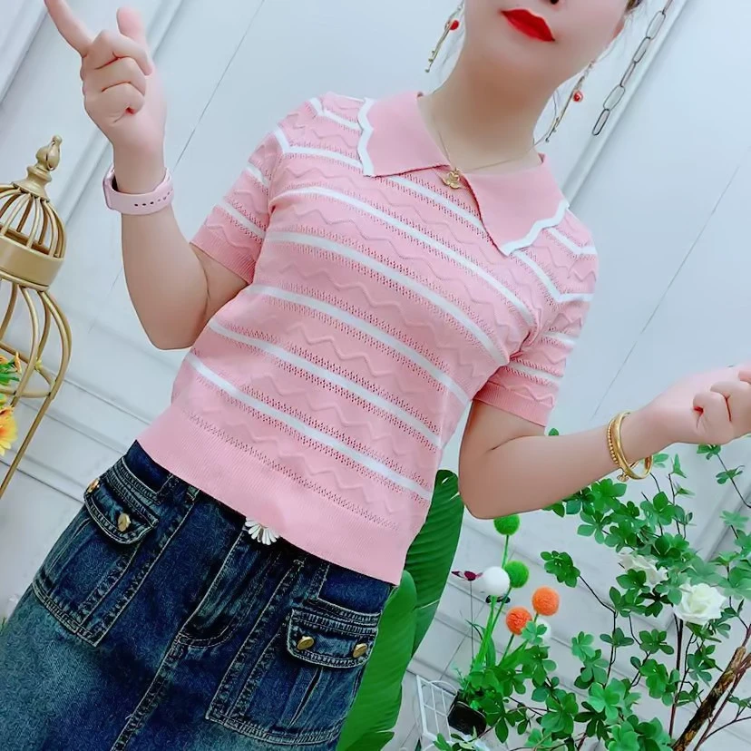 甜美减龄撞色条纹翻领短袖衬衫女夏季2025休闲减龄学院风针织上衣