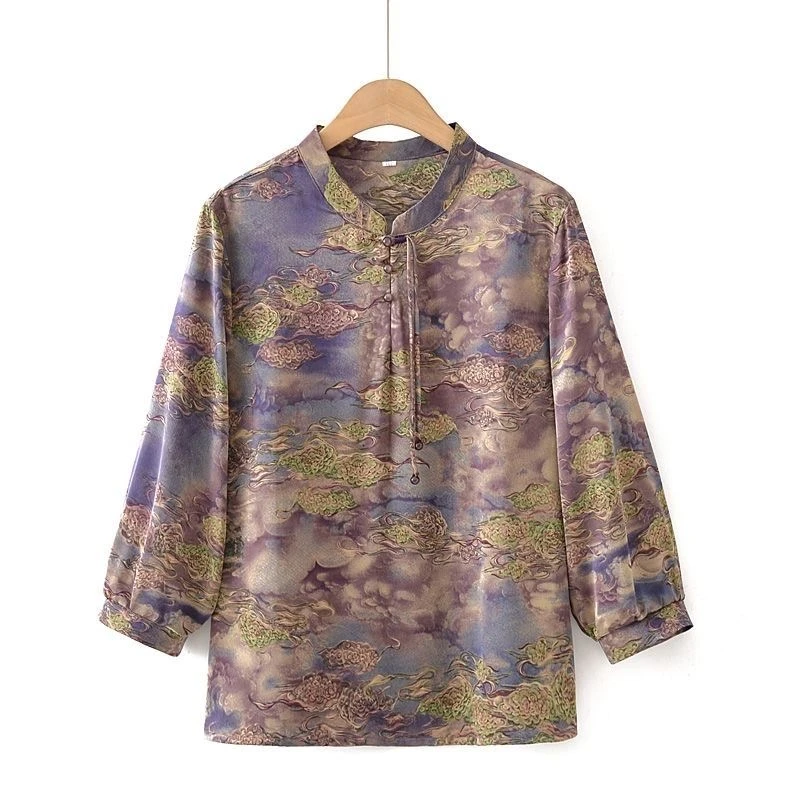 6024-夏季新款国风印花小衫七分袖衬衣中老年妈妈装套头衬衫