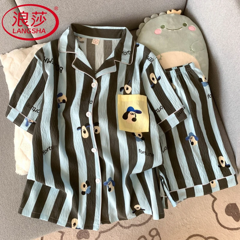 浪莎2025新款爆款纯棉睡衣女春秋短袖短裤学生外出宽松家居服套装