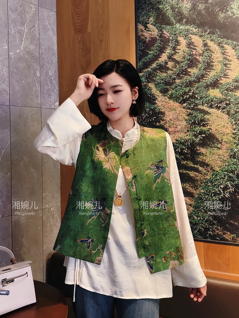 春季新款『春绿』新中式国风重工刺绣精致百搭圆领双面穿马甲上衣女