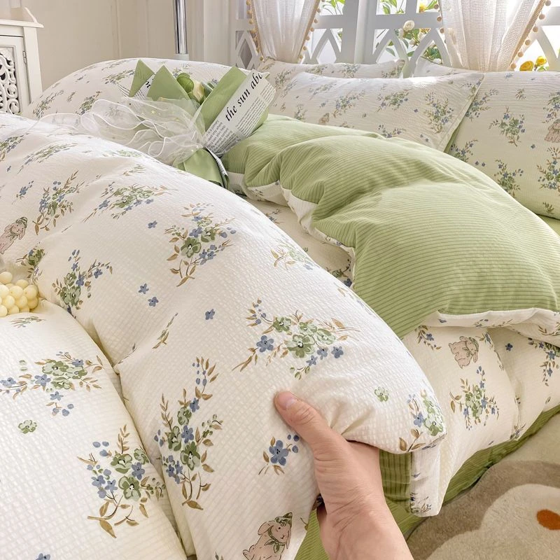 A类母婴级小清新超柔泡泡棉四件套水洗棉被套床单宿舍三件套床笠