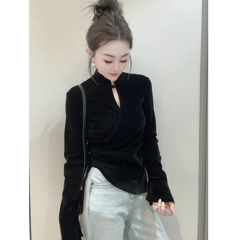 新中式2025冬季新款欧货黑色复古盘扣镂空立领不规则收腰气质衬衫