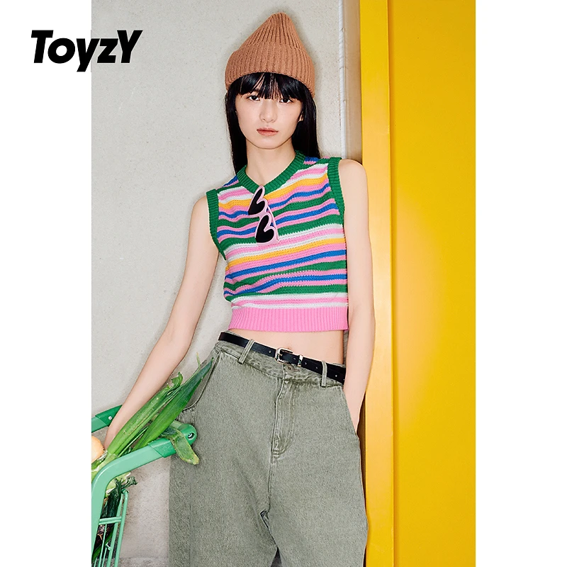 ToyzY25夏新款彩虹条纹亲肤棉显高短款针织背心女ZC35204060
