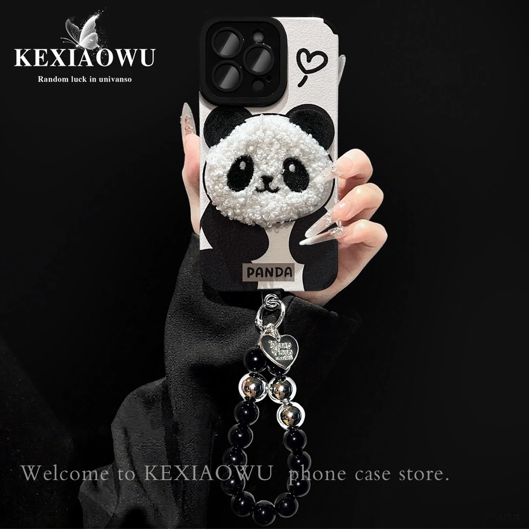 轻奢瞳眼毛绒立体熊猫适用苹果17PRO华为vivo小米oppo手链手机壳