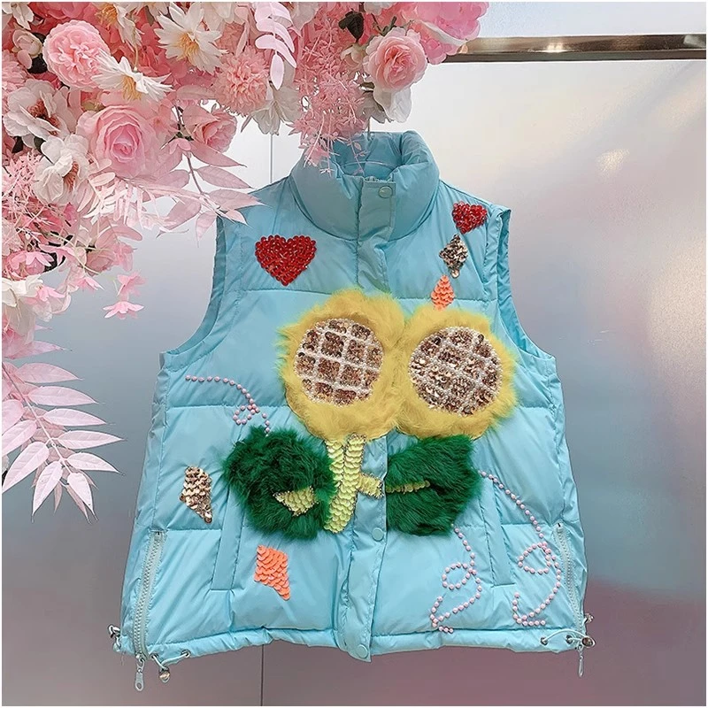 QD1140欧美设计师2024冬季新款重工钉钻亮片向日葵高领休闲马夹女