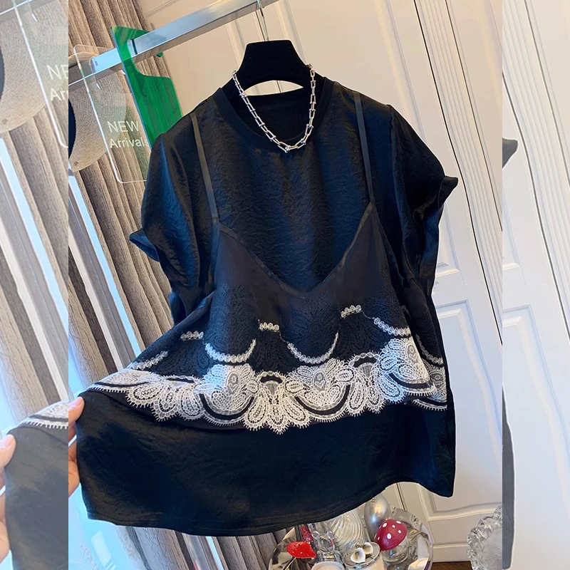 夏季新款韩版假两件蕾丝碎花边女宽松T恤黑色短袖大码显瘦高级感