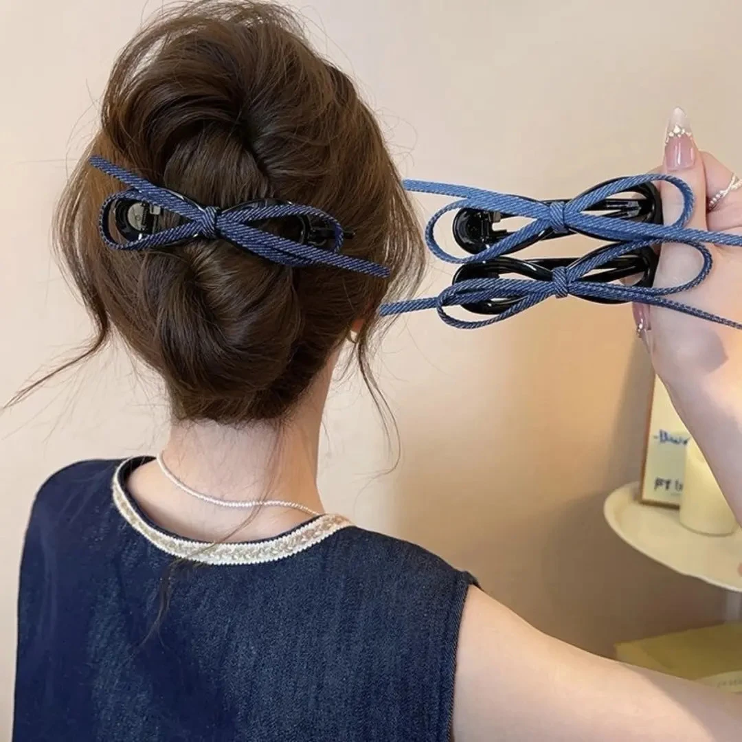W复古牛仔蝴蝶结扭扭夹女高级感2025新款一字抓夹后脑勺盘发夹发