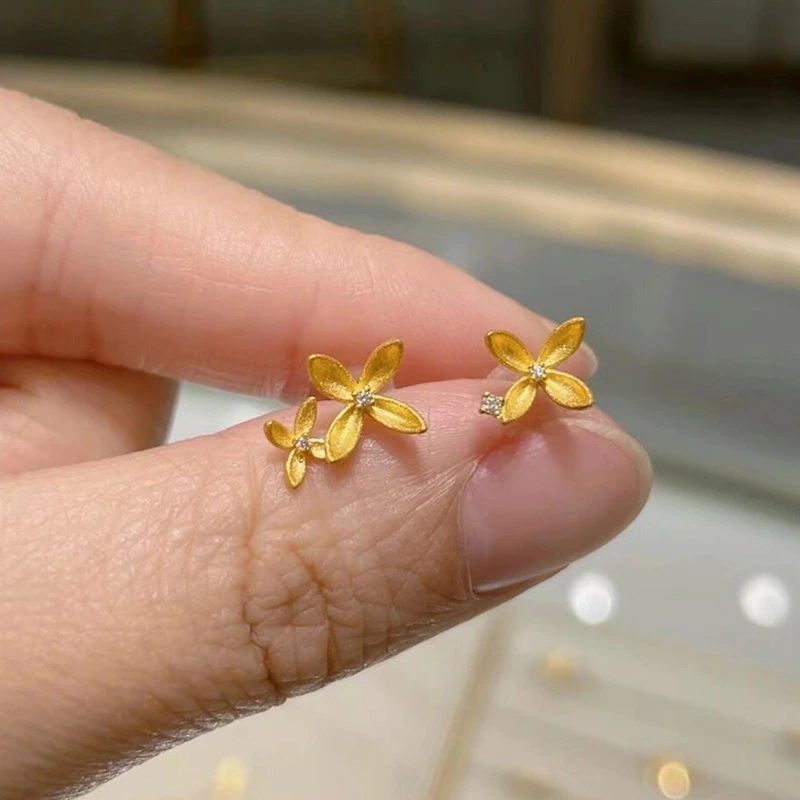耳饰 金色不对称花朵耳钉女轻奢气质锆石小花耳饰小众饰品