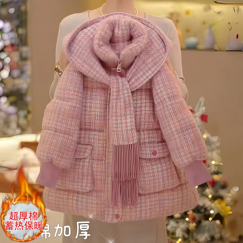 女童中长款毛呢棉服冬装2025新款加厚连帽格子棉棉袄保暖潮打底裤