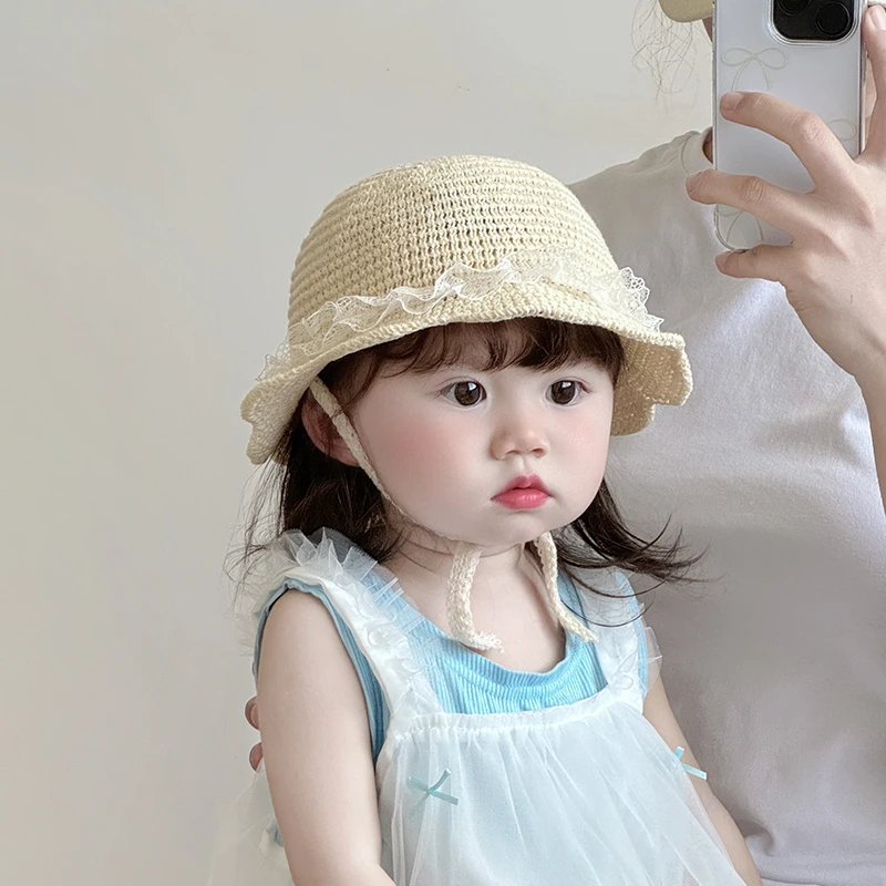 宝宝帽子春夏款草帽韩版蕾丝花边遮阳帽防晒帽婴幼儿草编盆帽可爱