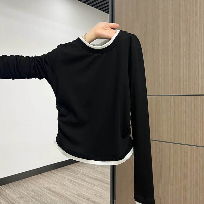 黑白拼色假两件圆领打底小衫秋季收腰褶皱长袖T恤女修身内搭上衣