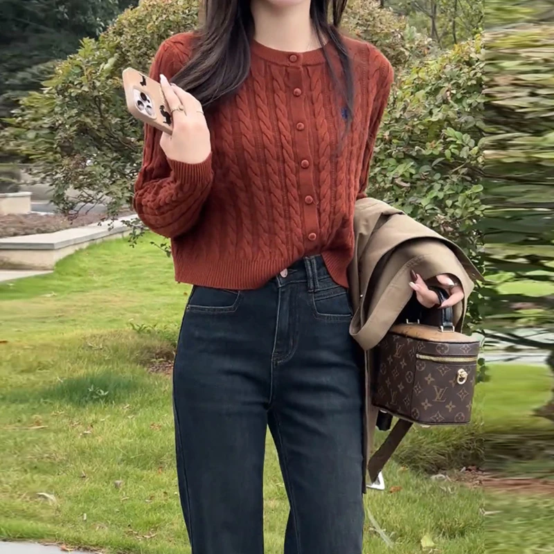 韩版洋气麻花设计长袖针织衫女2025秋冬新款圆领百搭短款开衫上衣