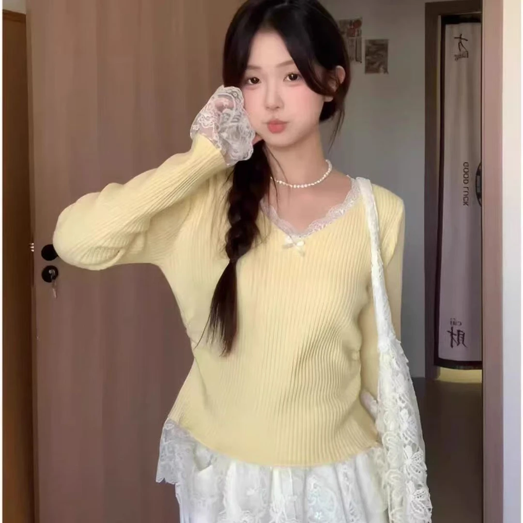 高级感蕾丝拼接长袖T恤甜美减龄下摆花边打底衫内搭阴阳师联名