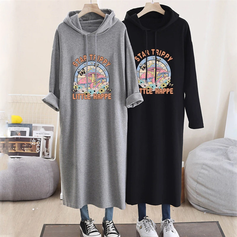 大码女装连衣裙春秋季法式宽松过膝长袖卫衣裙法式宽松大码连衣裙