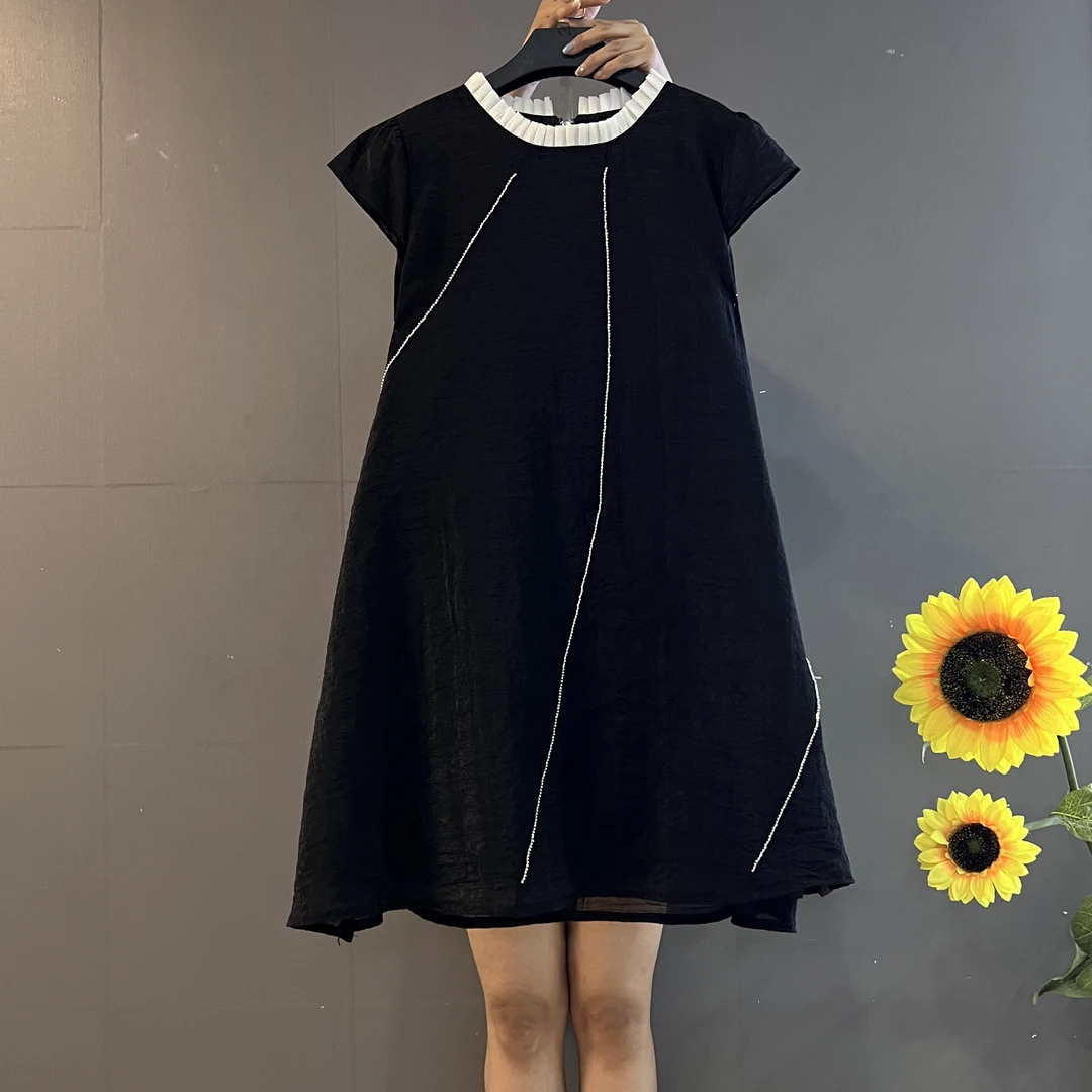 新款时尚气质宽松韩版短袖花边领显瘦遮肉连衣裙