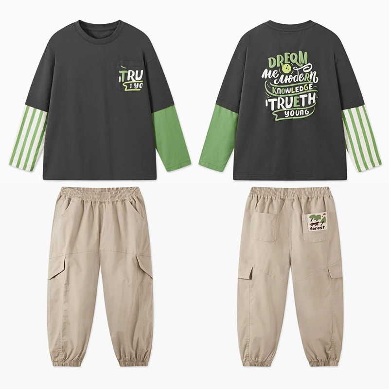 MQD童装假两件撞色设计感长袖套装儿童衣服新款品质男童秋款套装