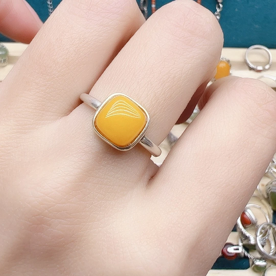 蜜蜡戒指银S925镶嵌天然